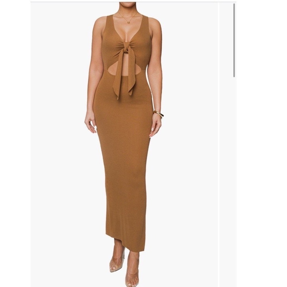 Brown knit Maxi Dress Bodycon Fall‎ stretch Autumn wedding guest cockail attire
